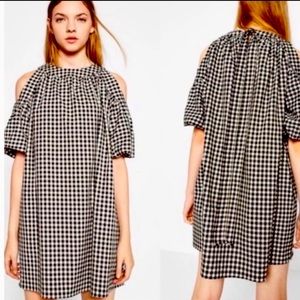 Zara black and white cold shoulder checkered dress